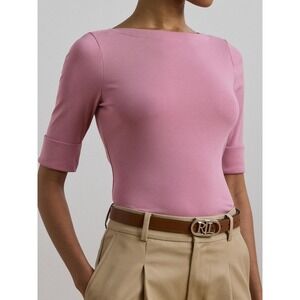 Lauren Ralph Lauren Pink Judy Stretch Cotton Boat Neck T-Shirt Top Size Small